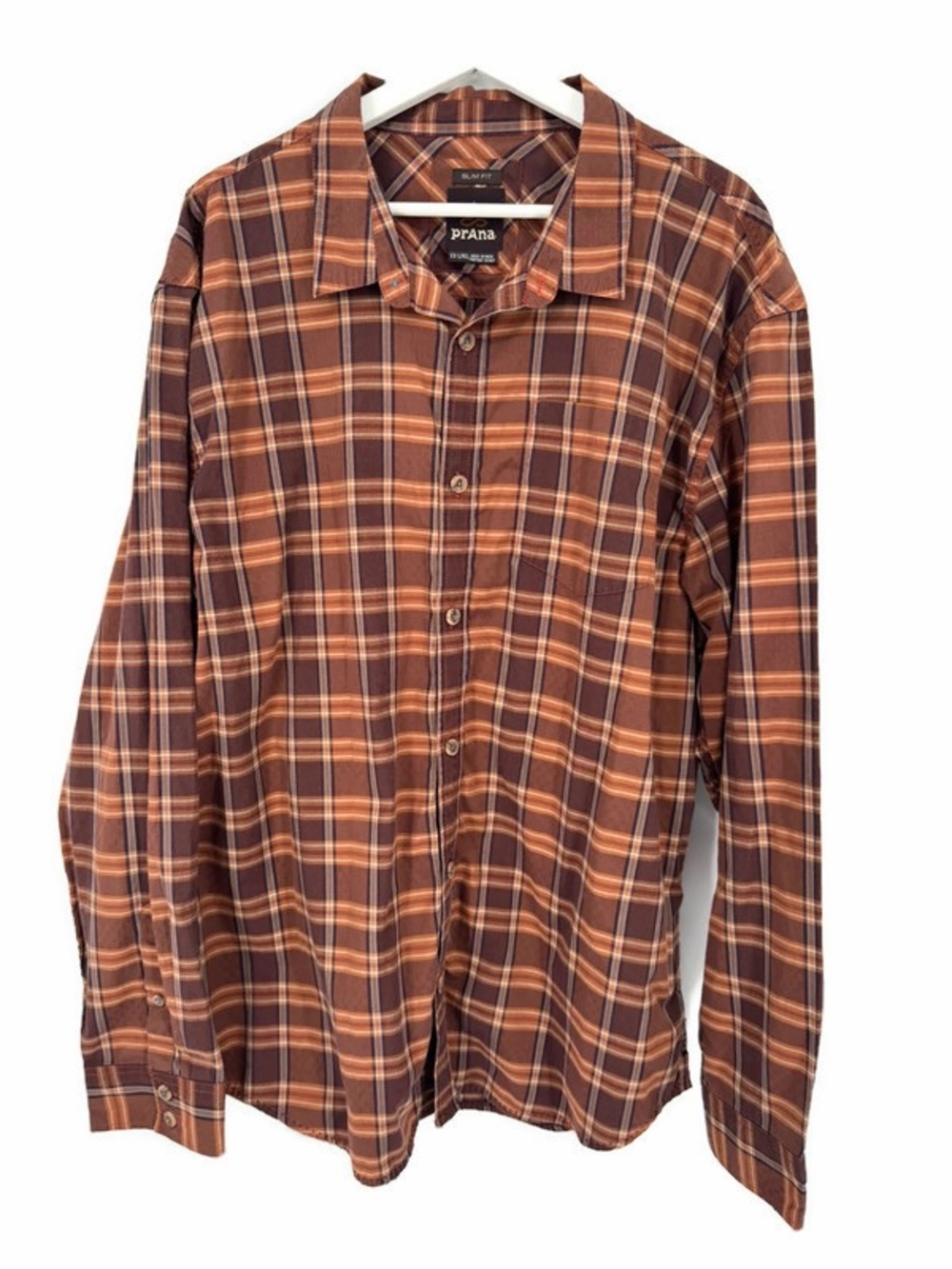 prAna Slim Fit Plaid Button Down Shirt XXL Organic Cotton Brown Rust Orange